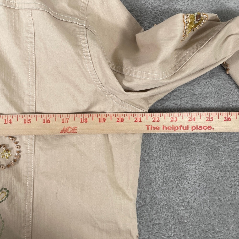 Graff Denim Jacket Womens Medium Tan Floral Embroidered Beaded Boho Art to Wear - Picture 6 of 8